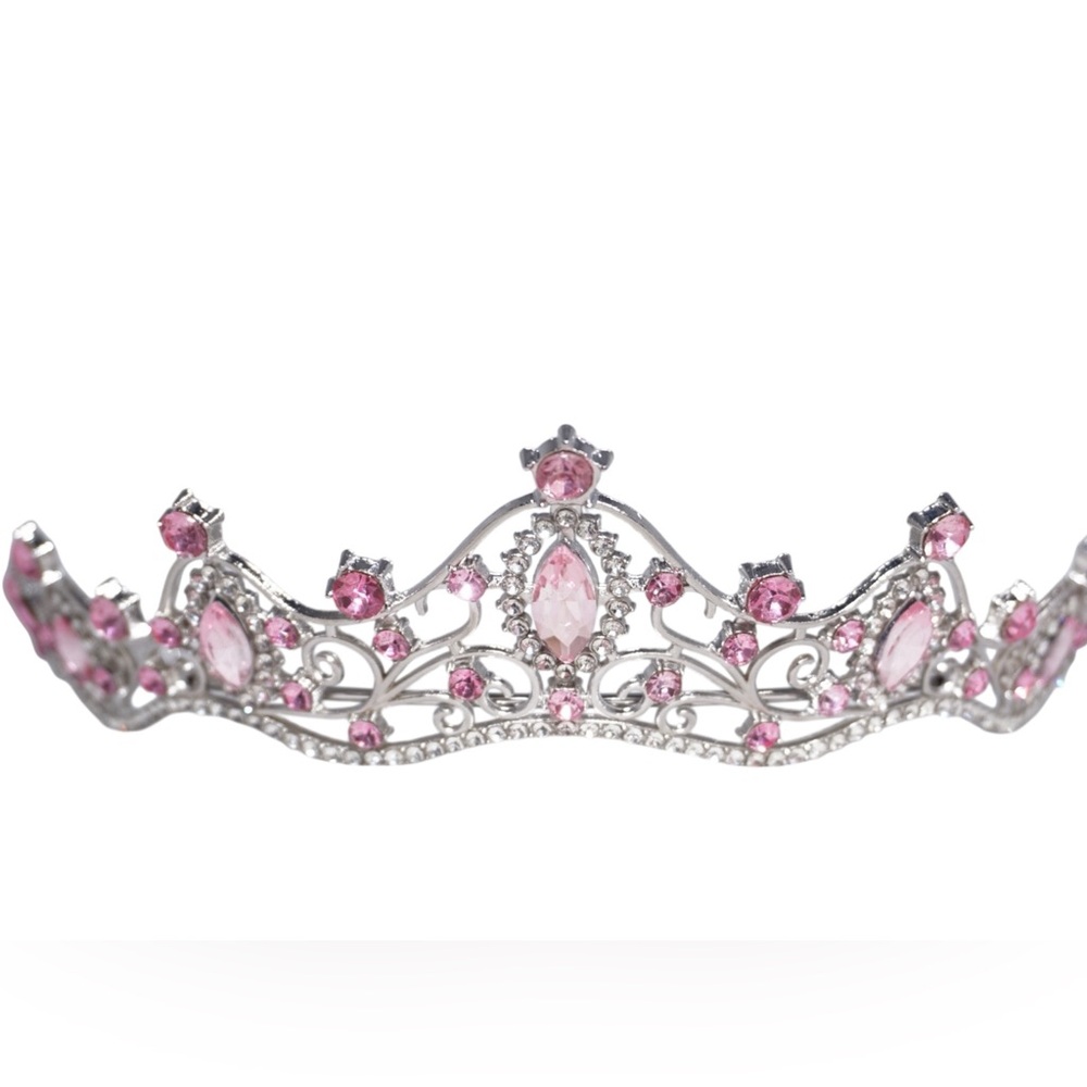 Elegant, Beautiful Silver Filagree Bridal Tiara with Pink Rhinestones, Like New!